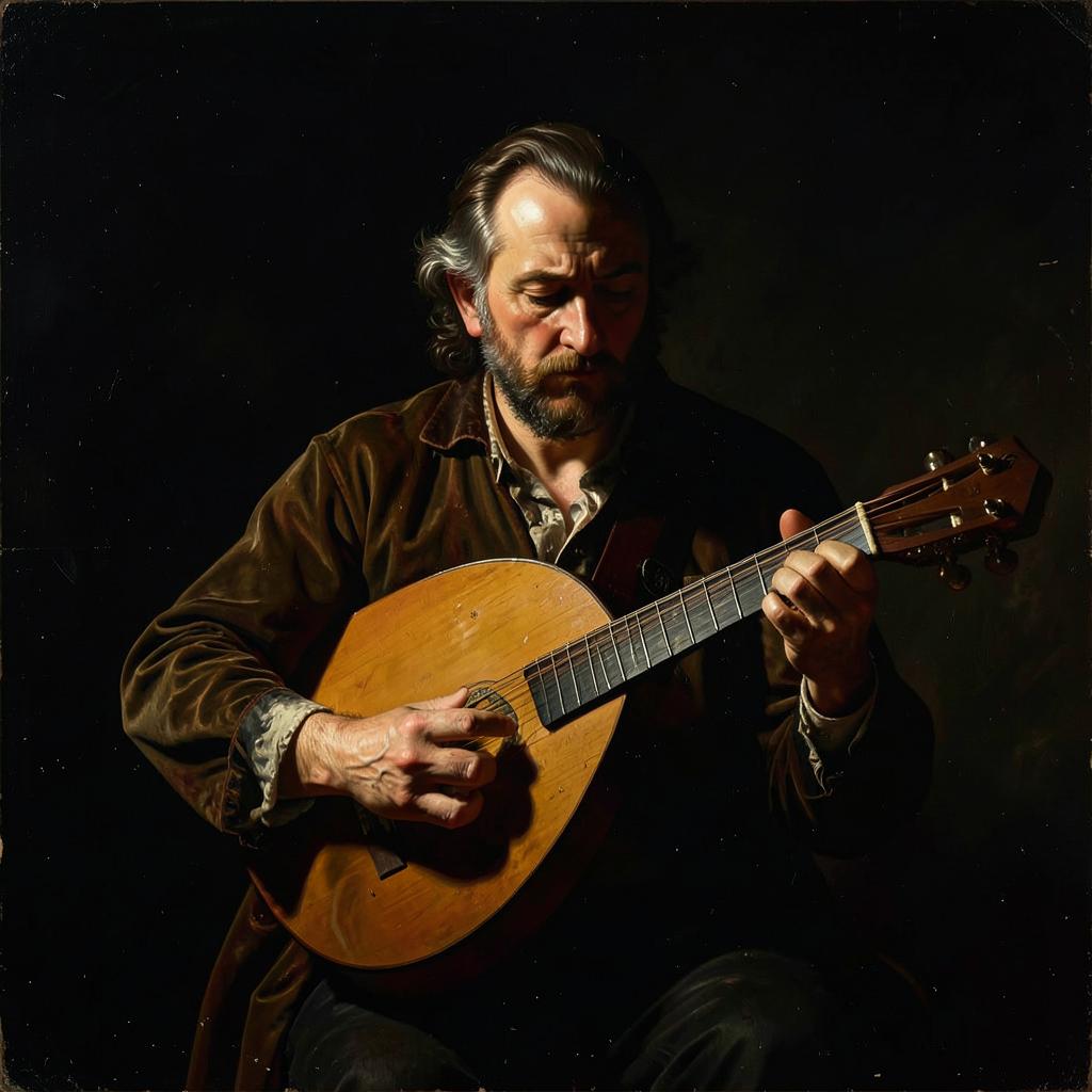 AI art example: a lute player lit by a single hard raking light against a near-black background in Baroque tenebrist oil paint
