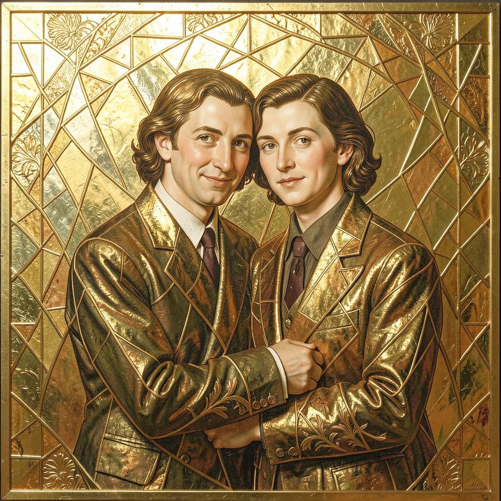 AI art example: two figures embracing inside shimmering gold-leaf mosaic geometry in a Vienna Secession decorative style