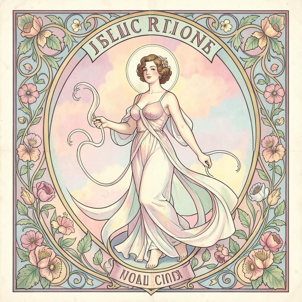 AI art example: an Art Nouveau poster of a robed figure in a halo arch with whiplash line work and a pastel floral border