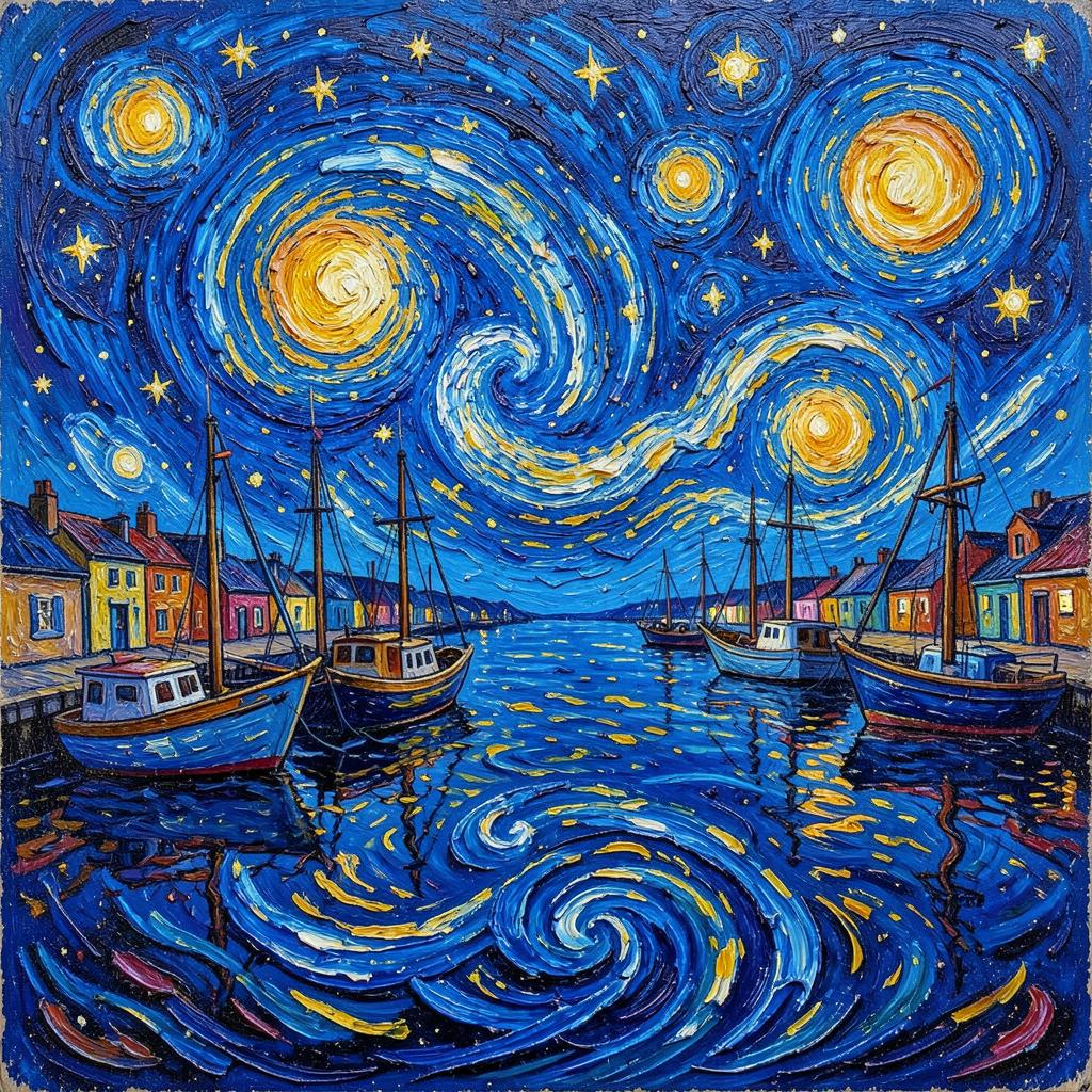 AI art example: a night harbour with fishing boats under a swirling starry sky, painted in thick post-impressionist impasto with cobalt blue and gold
